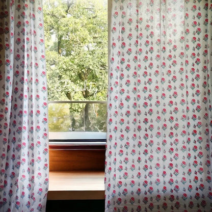 Floral bubblegum pink block printed sheer curtains