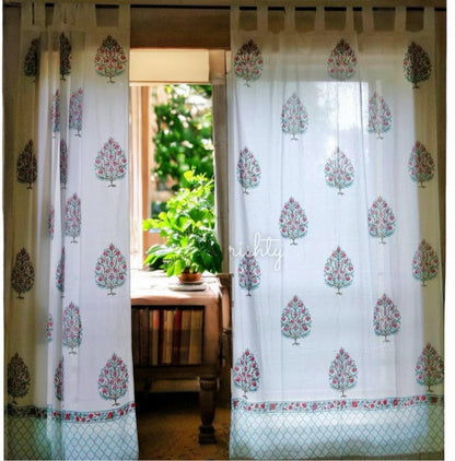 Sea green floral booti block printed curtain