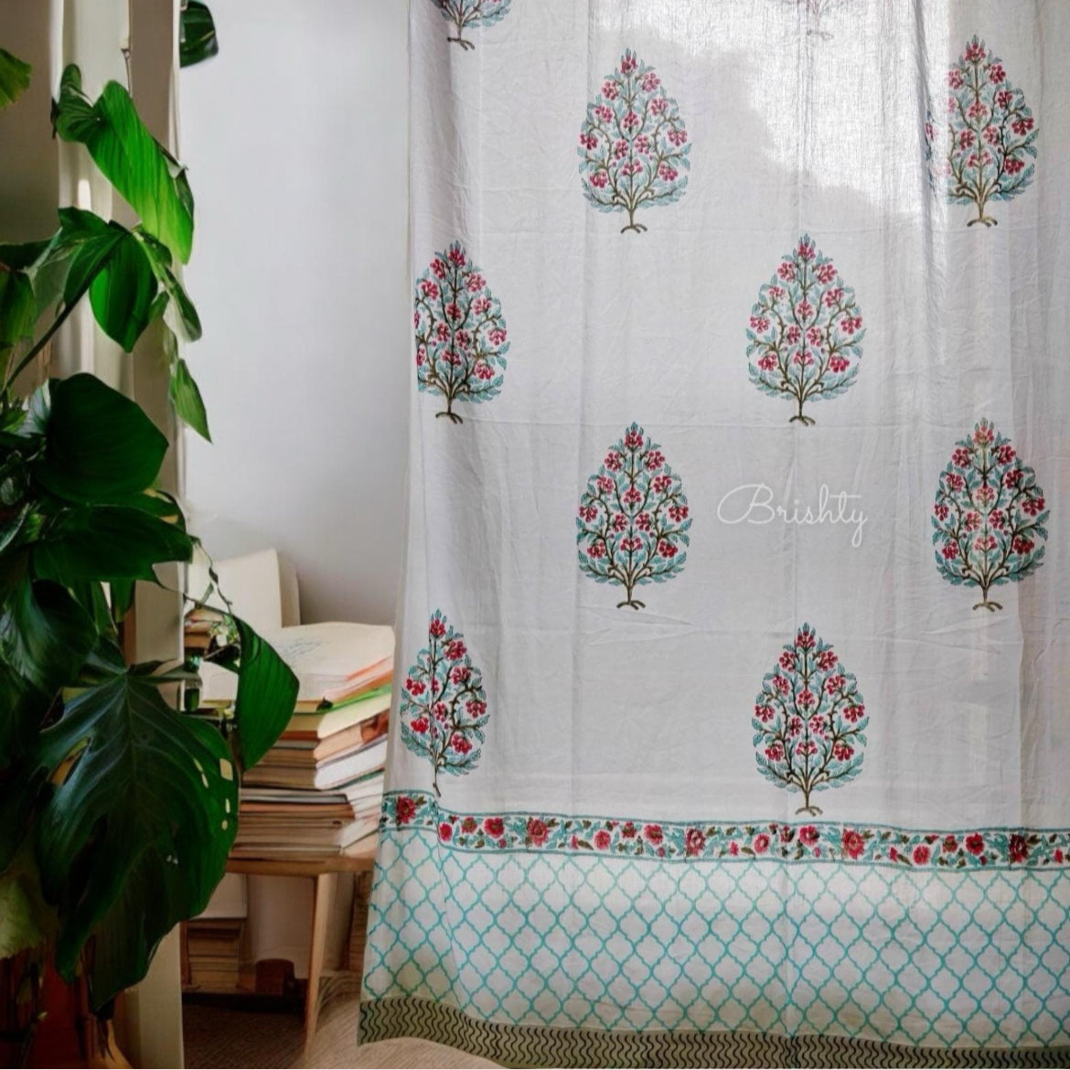 Sea green floral booti block printed curtain