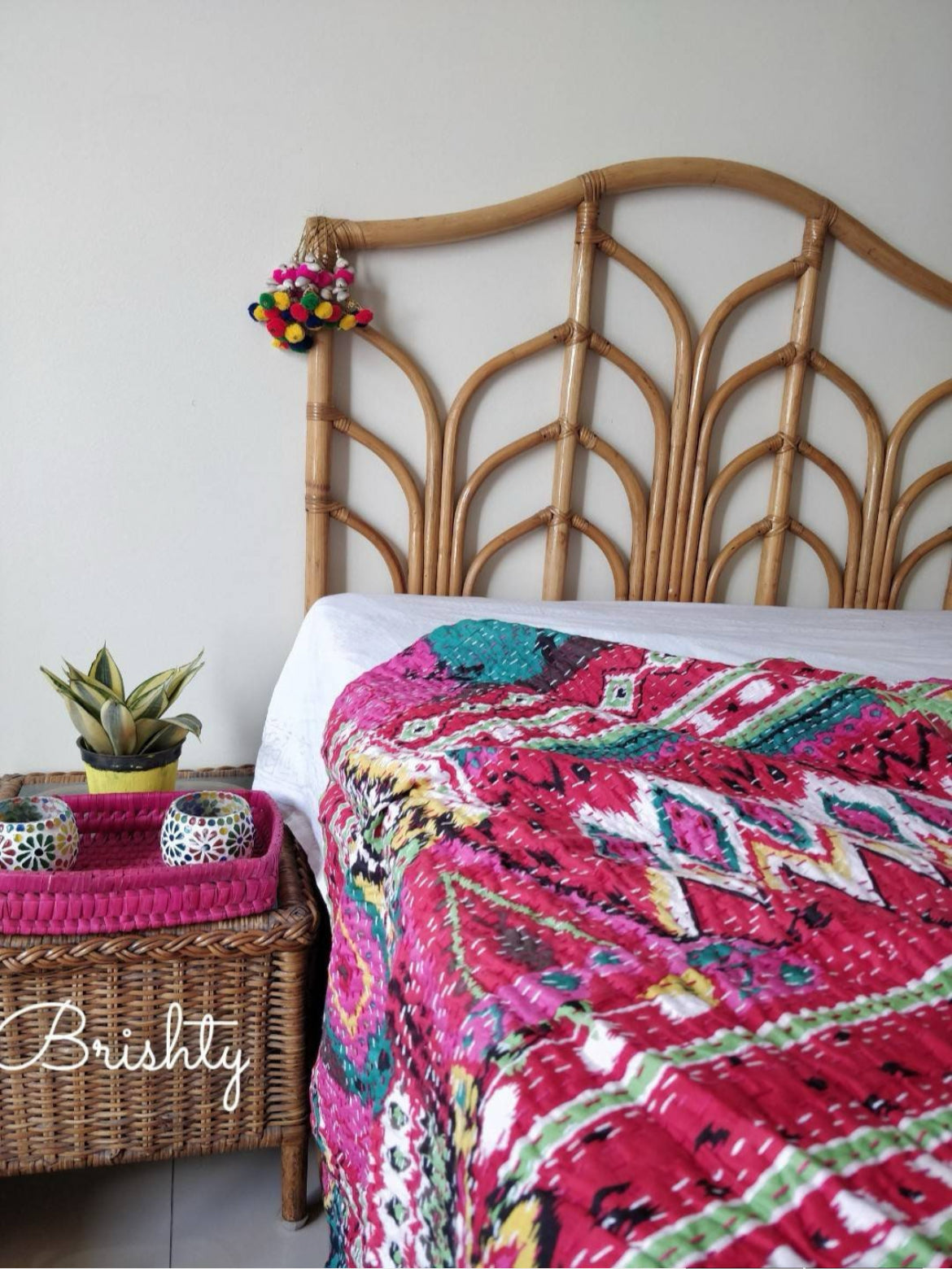 Colorful pink kantha bedcover