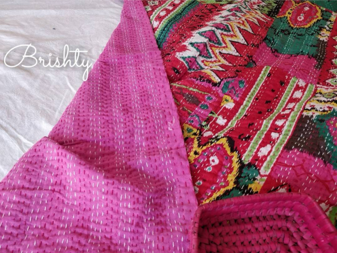 Colorful pink kantha bedcover