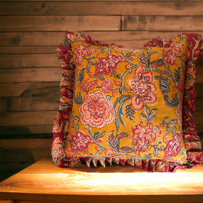 Hand-Block Printed Floral Cotton Cushion Covers in Maroon and Mustard yellow- with and without ruffles