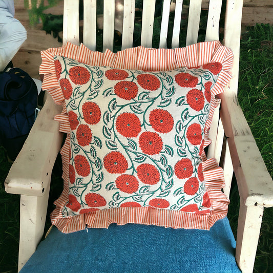 Orange floral ruffled cushion cover