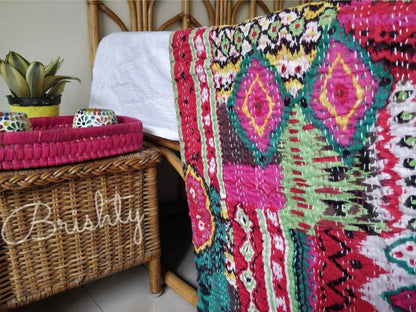 Colorful pink kantha bedcover