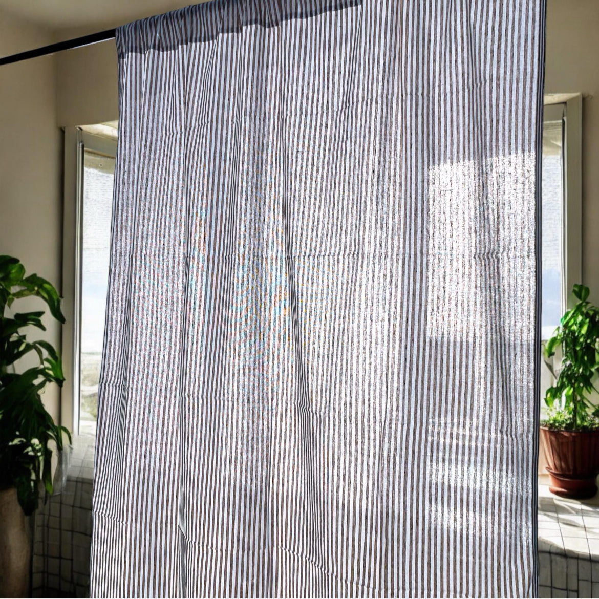 Striped blue and white handwoven curtains