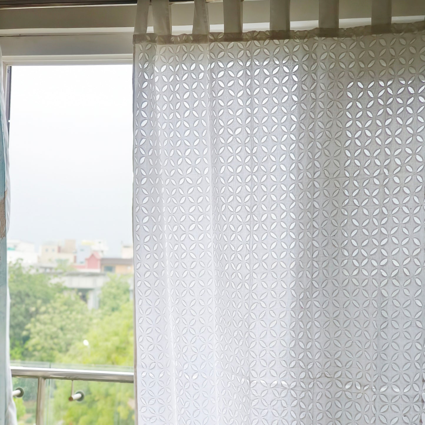 White sheer applique curtains