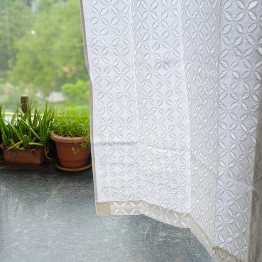 White sheer applique curtains