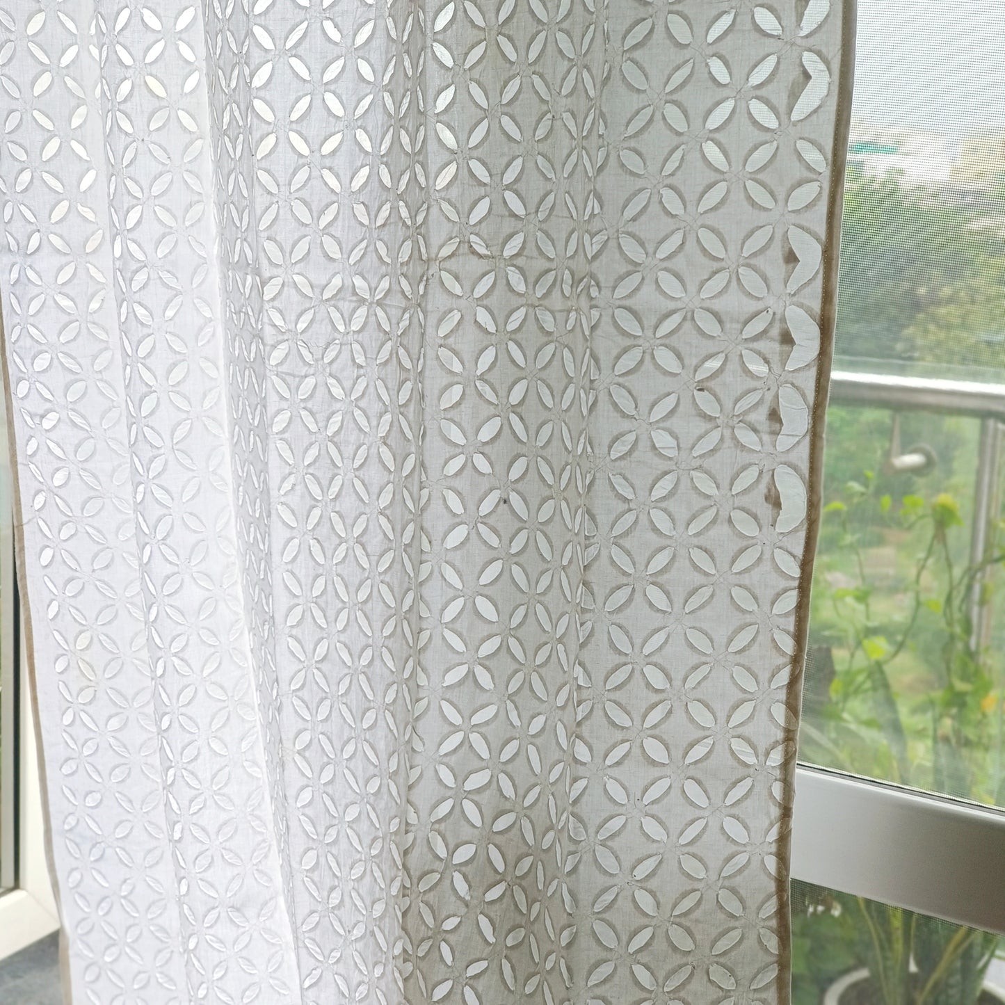 White sheer applique curtains