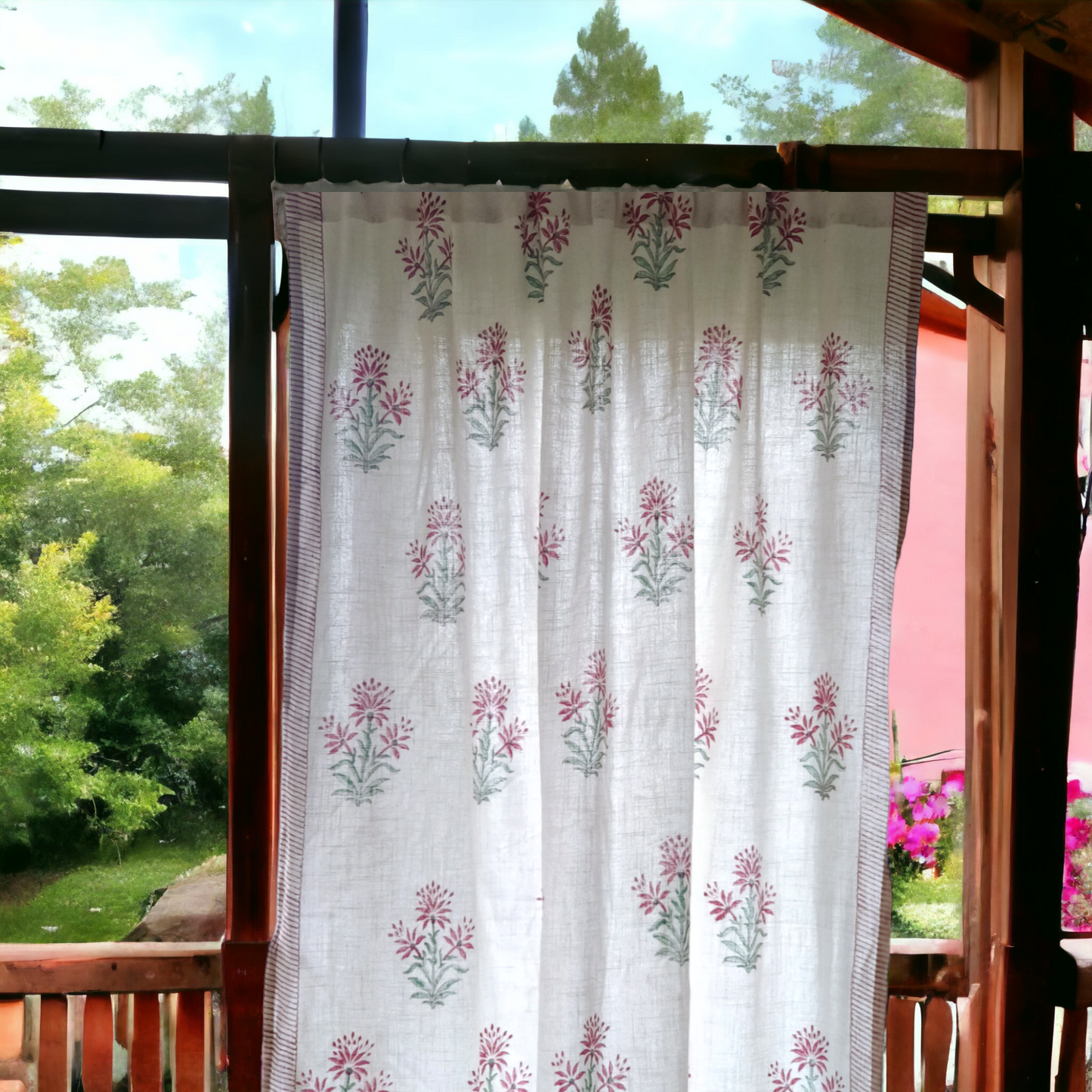 Floral block printed slub cotton textured curtain