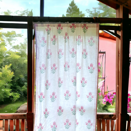 Floral block printed slub cotton textured curtain