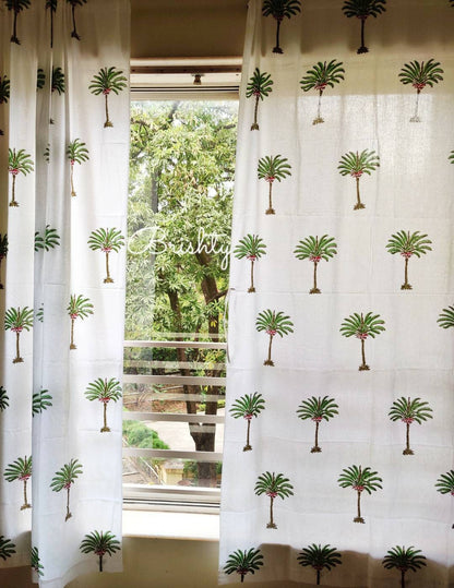 Coastal palm block printed curtains