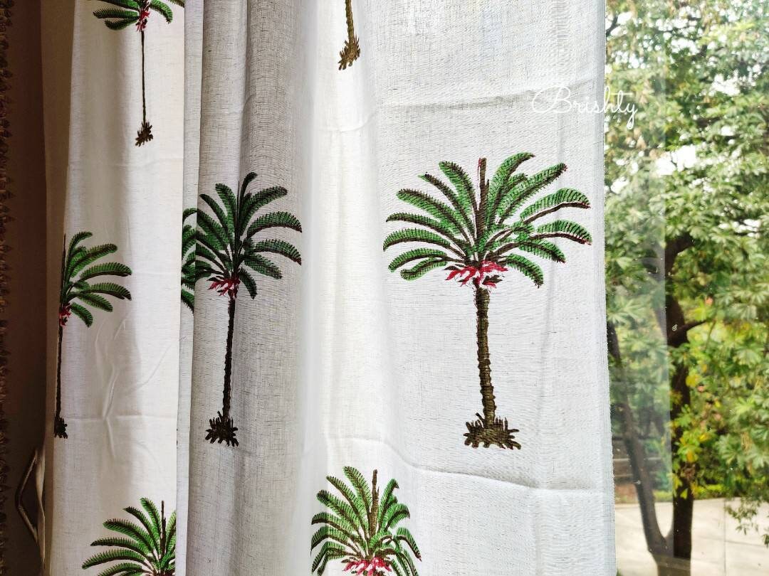 Coastal palm block printed curtains