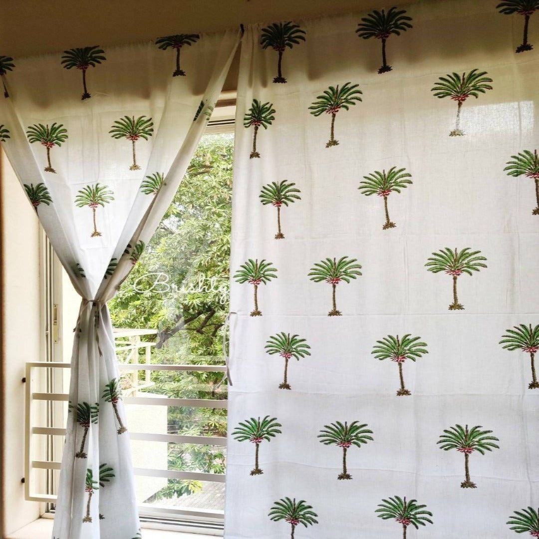 Coastal palm block printed curtains