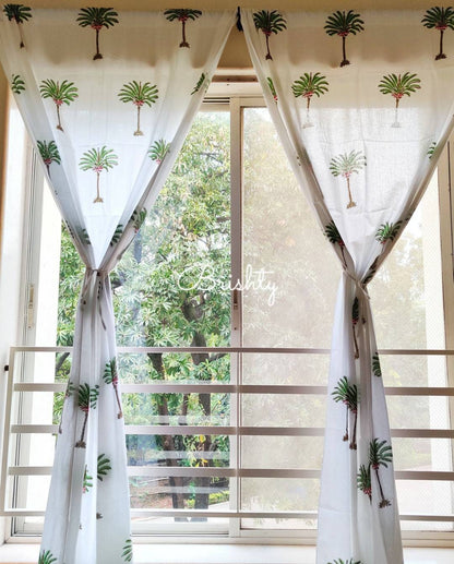 Coastal palm block printed curtains