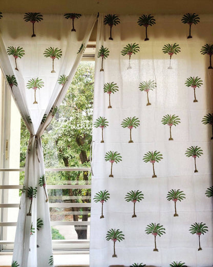 Coastal palm block printed curtains