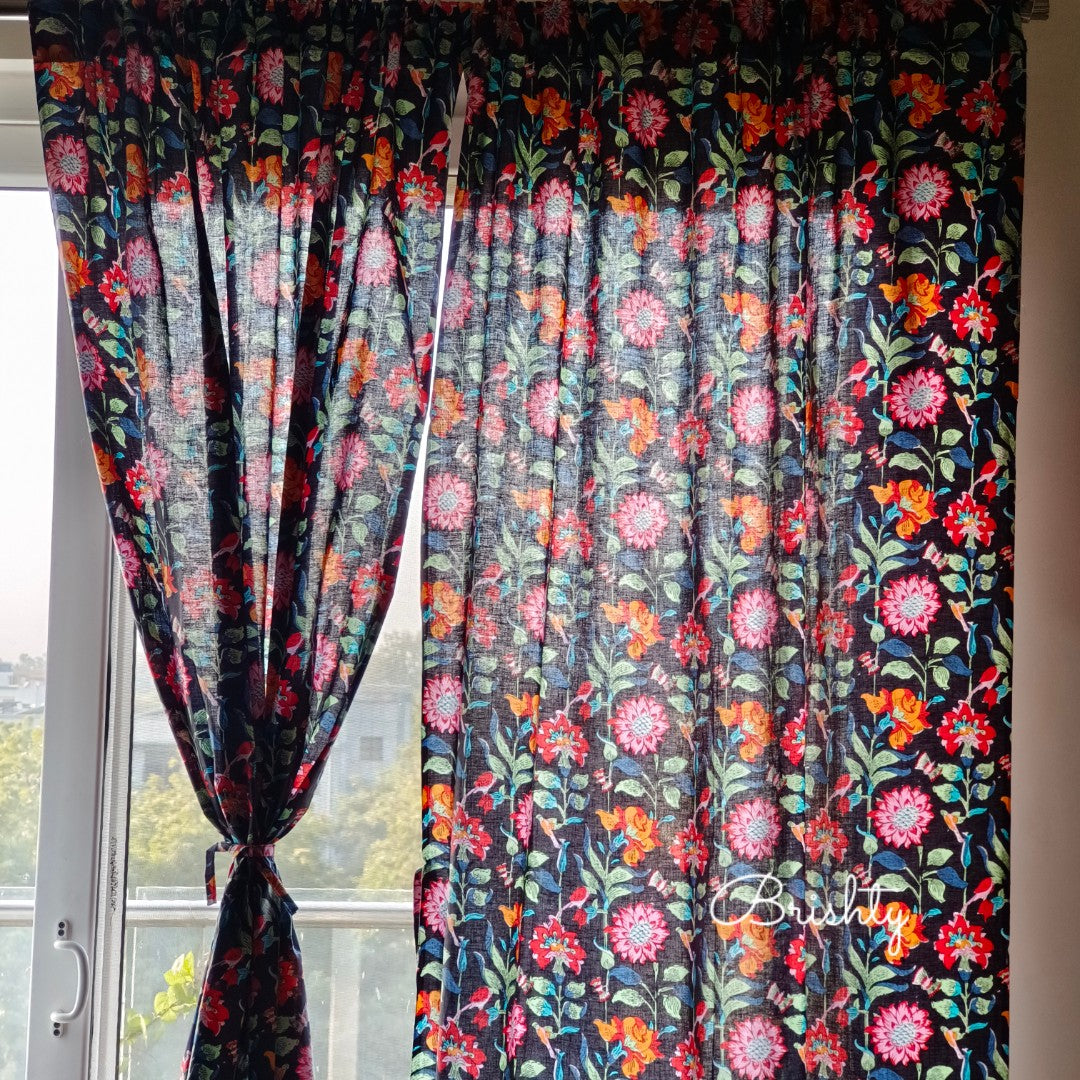 Colorful and bright black floral curtain