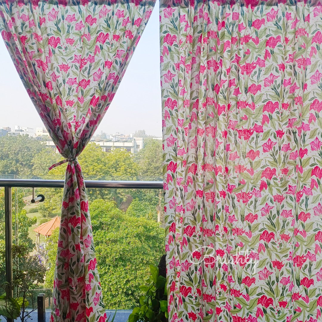 Bright pink and green floral spring summer curtains