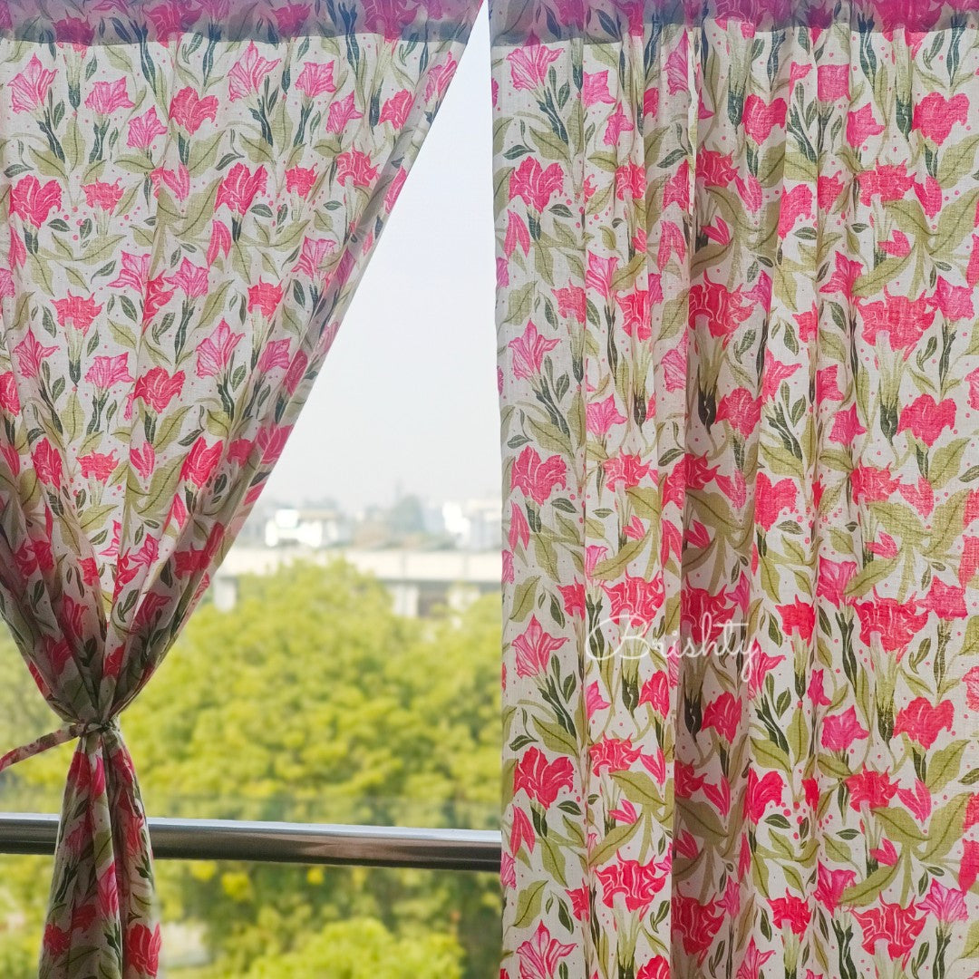 Bright pink and green floral spring summer curtains