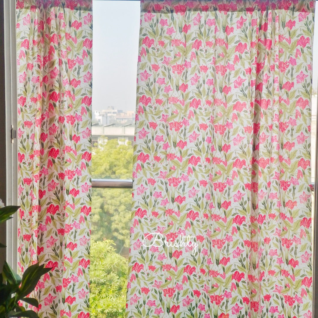 Bright pink and green floral spring summer curtains