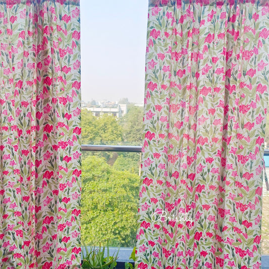 Bright pink and green floral spring summer curtains