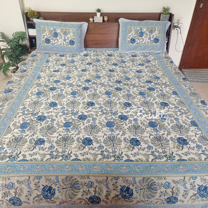 Block printed floral jaal bedsheet