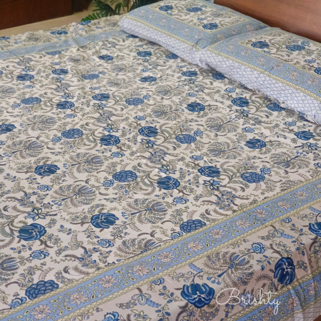 Block printed floral jaal bedsheet