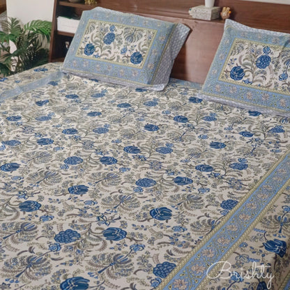 Block printed floral jaal bedsheet