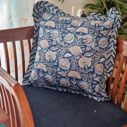 Indigo ruffled cushion cover