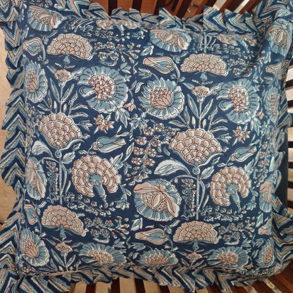 Indigo ruffled cushion cover