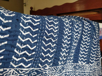 Floral indigo block printed kantha bedcover