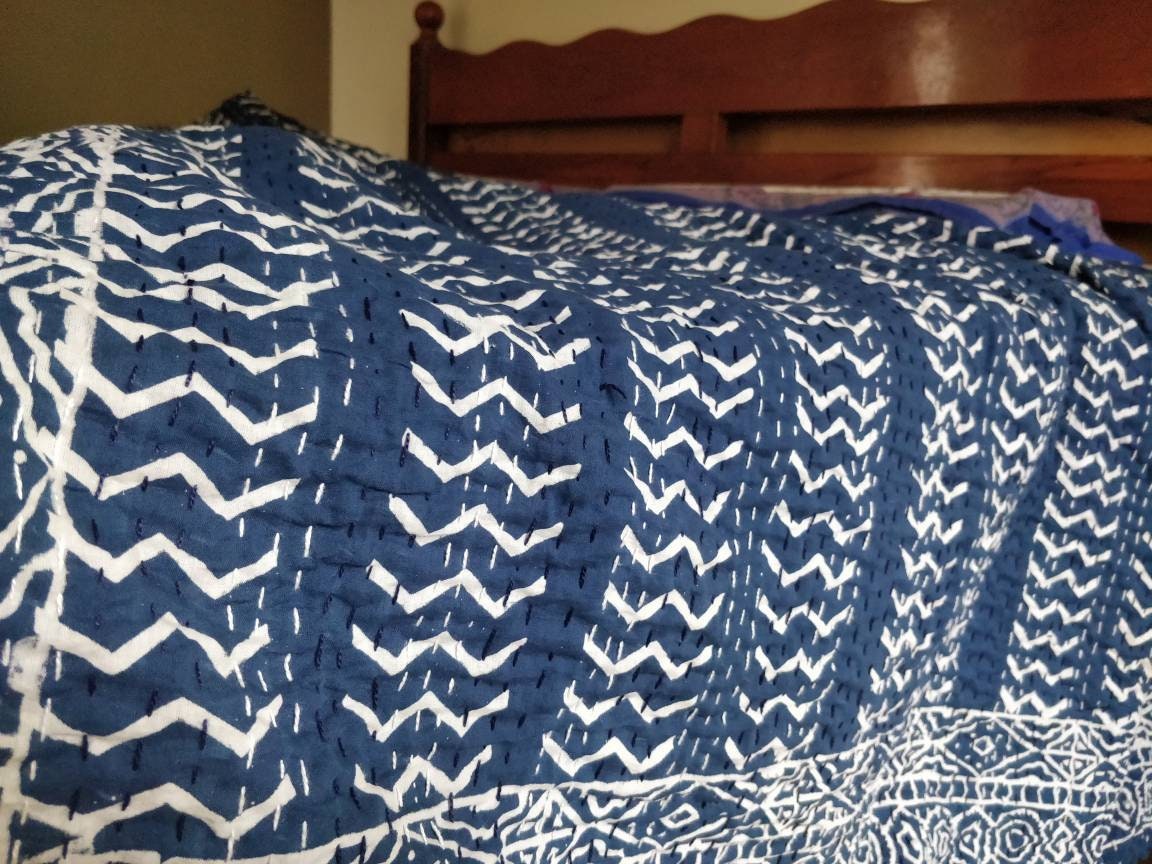 Floral indigo block printed kantha bedcover