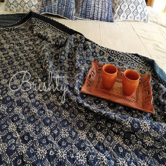 Floral jaal indigo block printed kantha bedcover