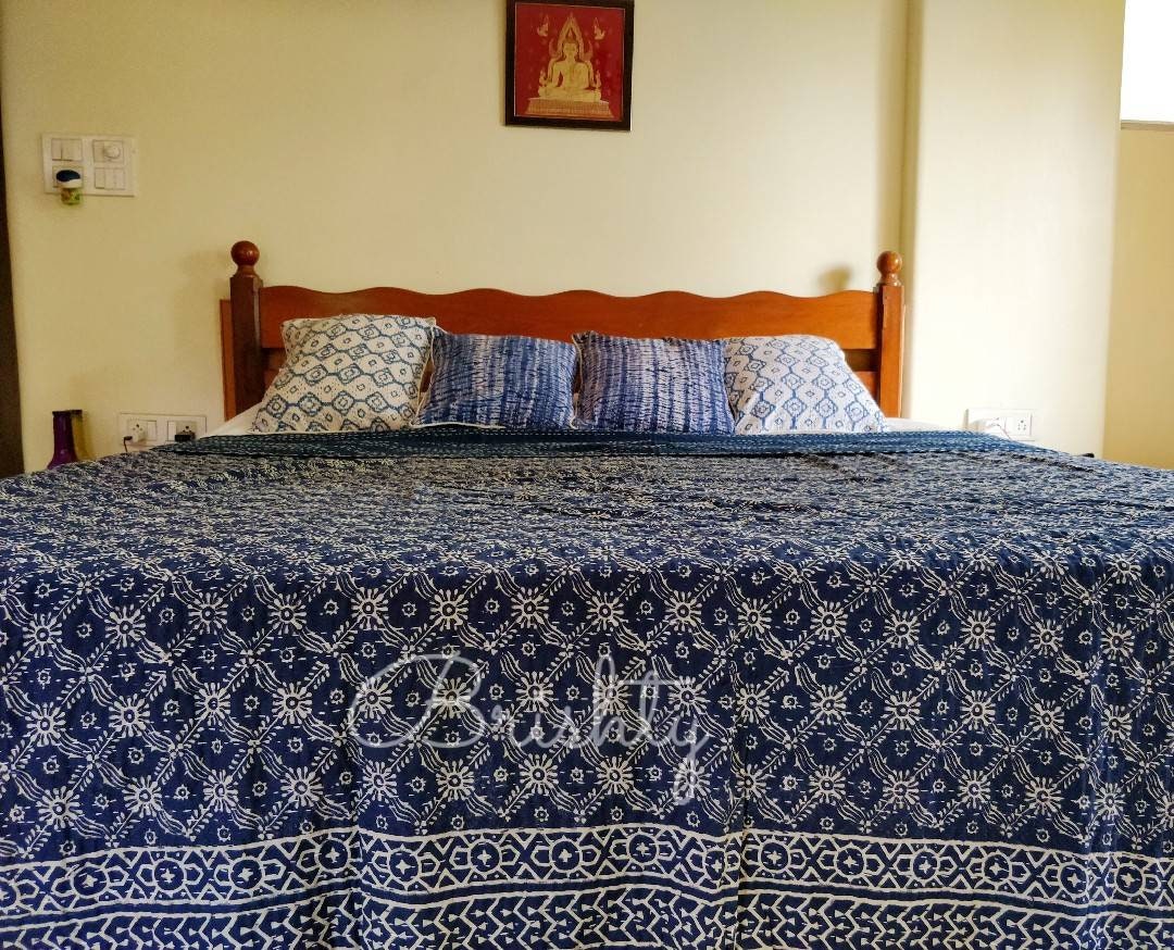 Floral jaal indigo block printed kantha bedcover