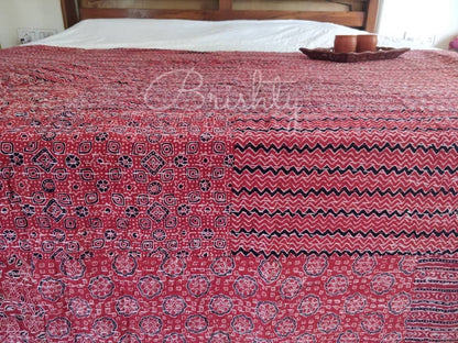 Red ajrakh block printed kantha bedcover