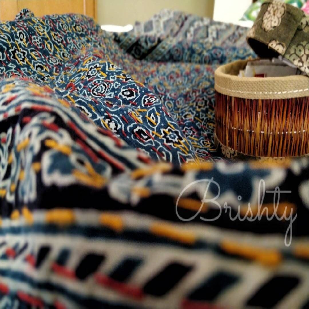 Indigo ajrakh block printed kantha bedcover