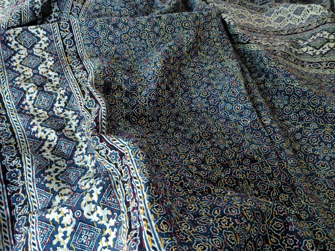 Indigo ajrakh block printed kantha bedcover