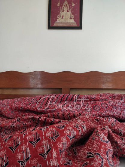 Red ajrakh block printed kantha bedcover