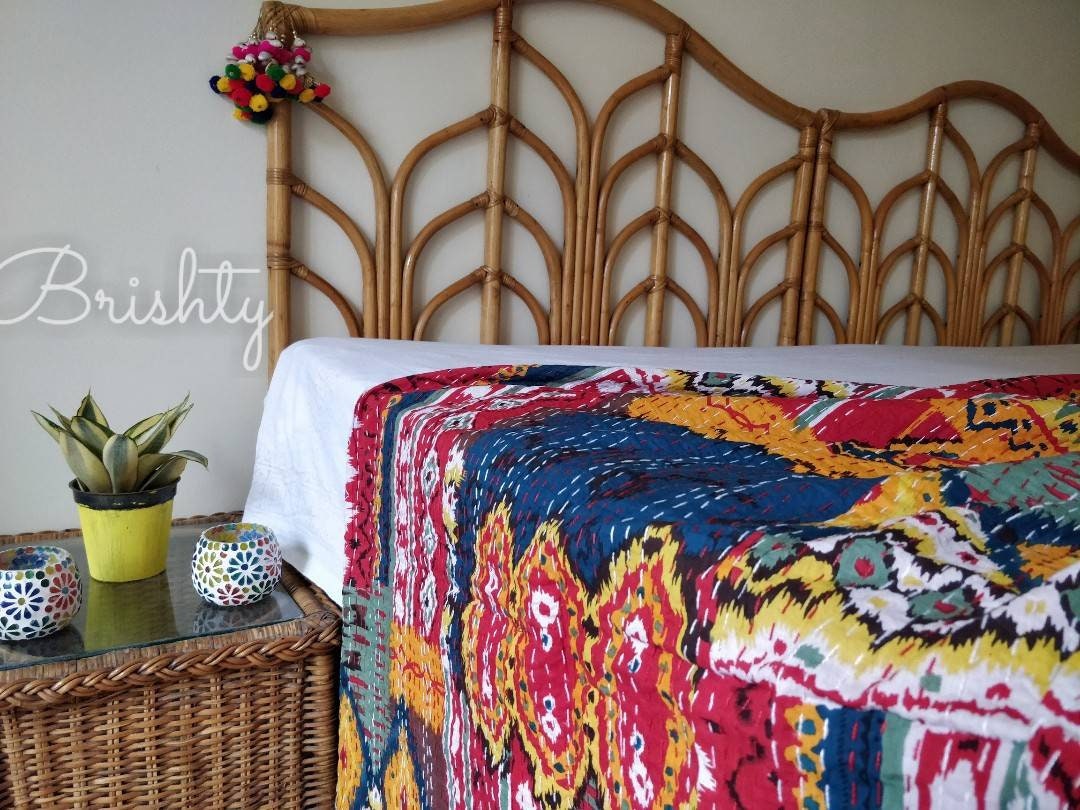 Colorful red kantha bedcover