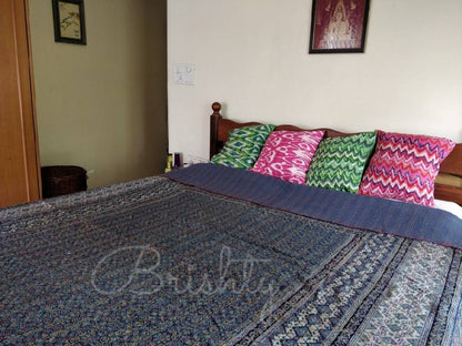 Indigo ajrakh block printed kantha bedcover