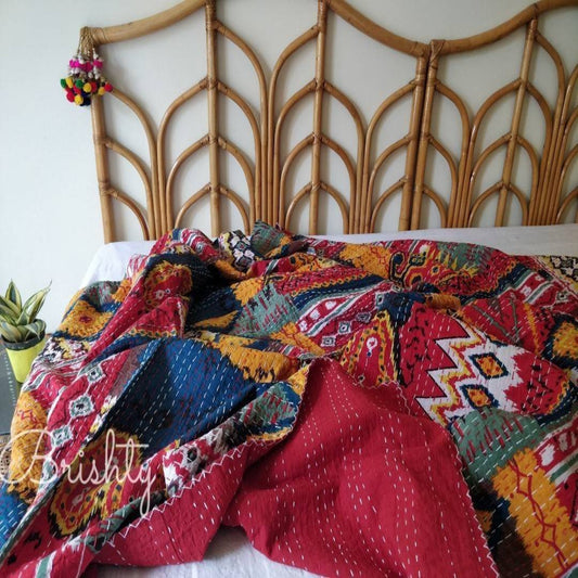 Colorful red kantha bedcover