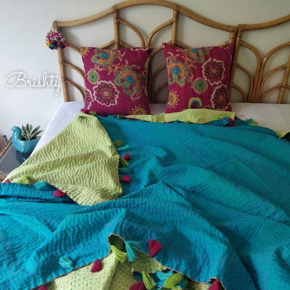 Reversible kantha throw bedcover with tassels