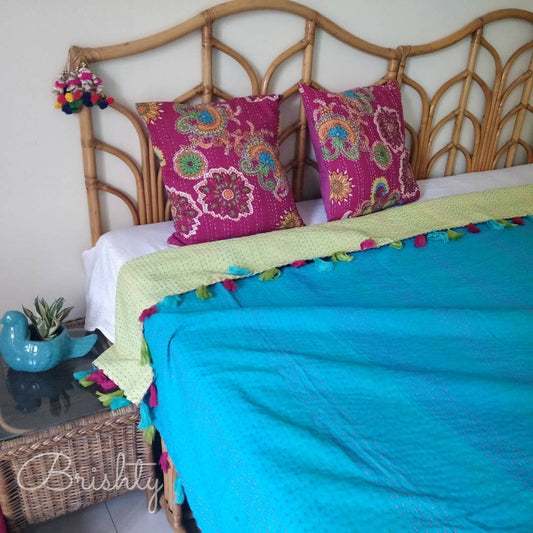 Reversible kantha throw bedcover with tassels