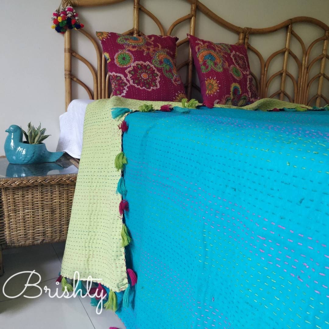 Reversible kantha throw bedcover with tassels