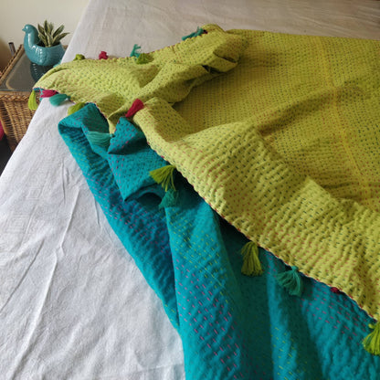 Reversible kantha throw bedcover with tassels