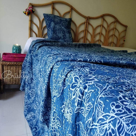 Indigo floral block printed kantha bedcover