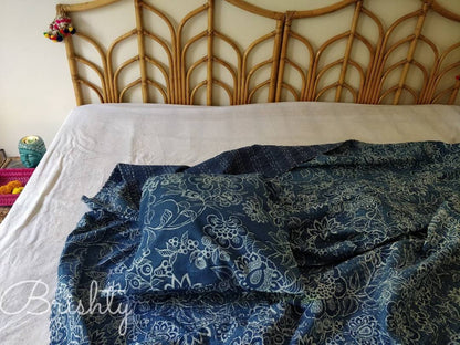 Indigo floral block printed kantha bedcover