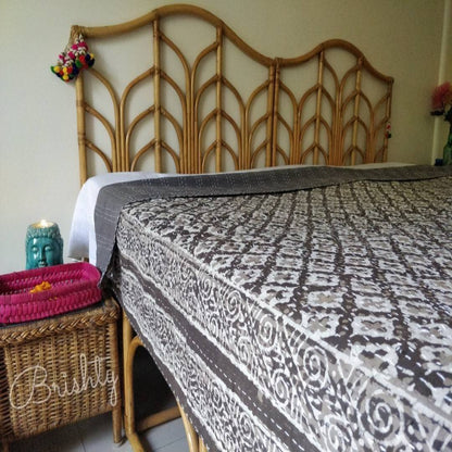 Neutral grey block printed kantha bedcover