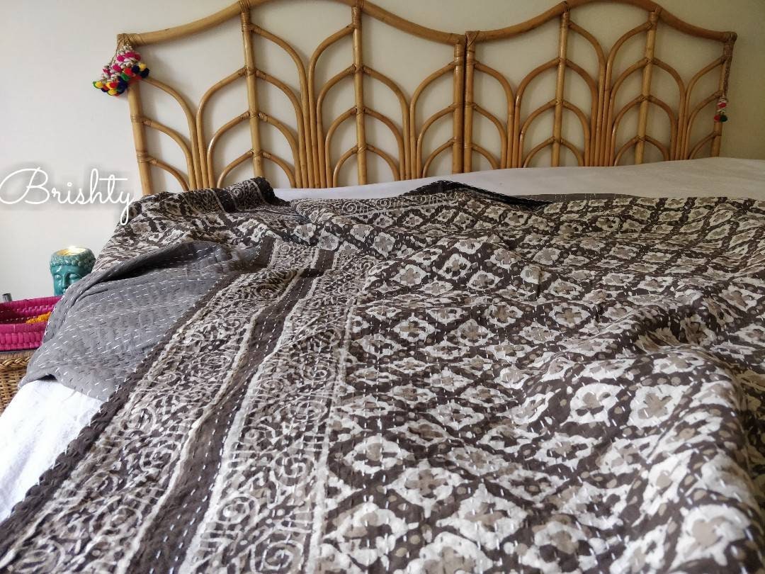 Neutral grey block printed kantha bedcover