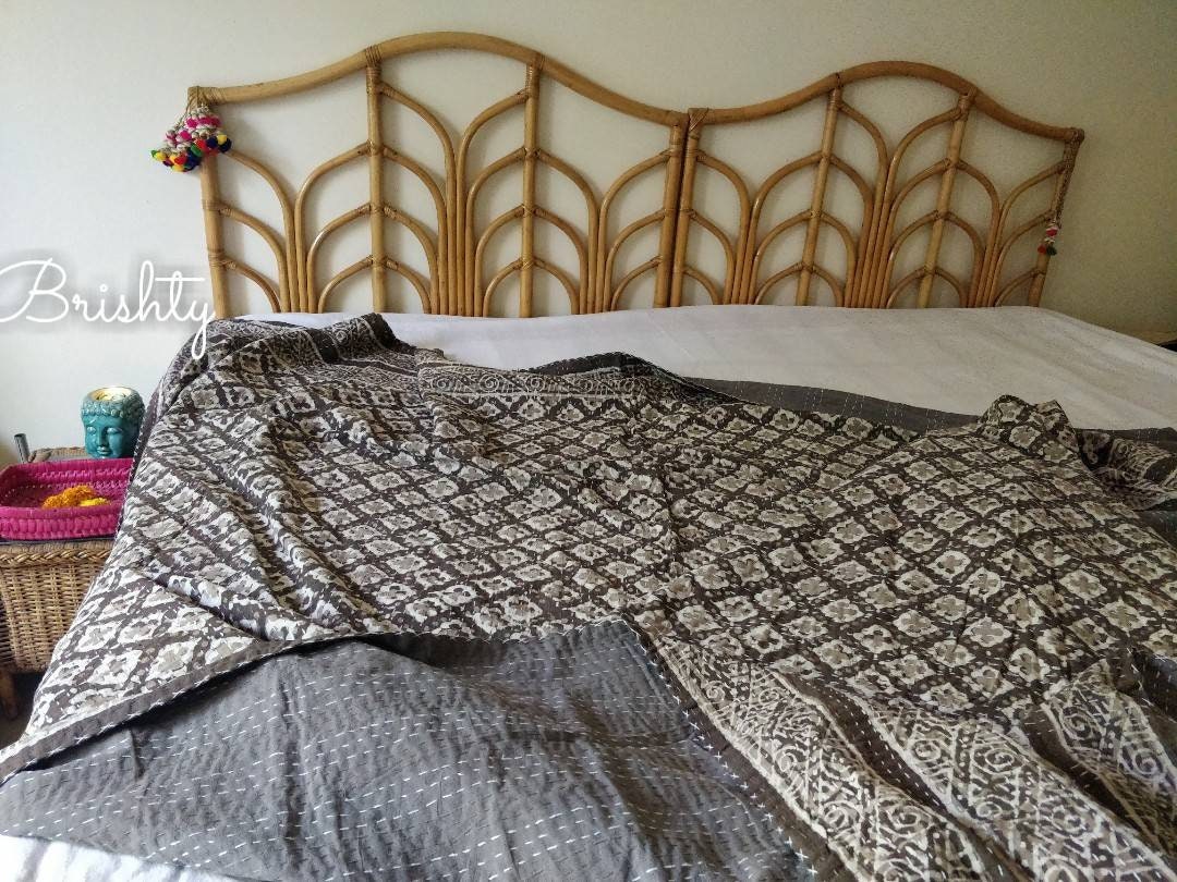 Neutral grey block printed kantha bedcover