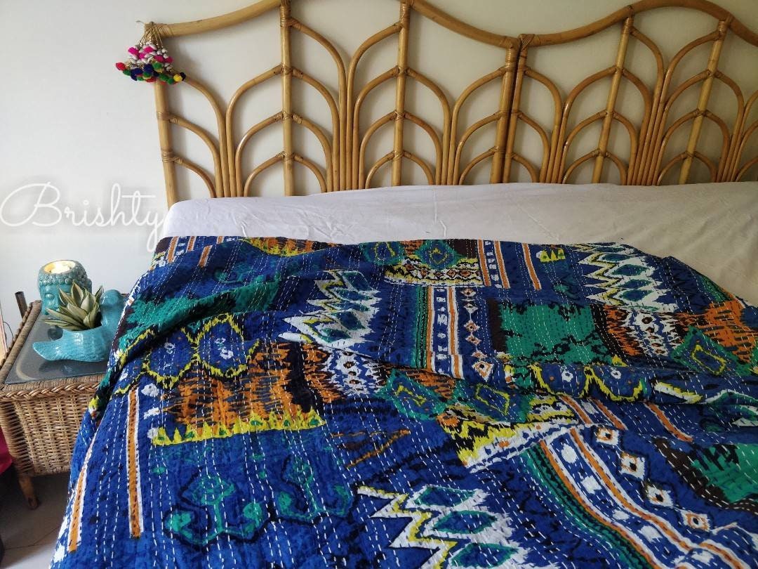 Bright and colorful abstract kantha bedcover